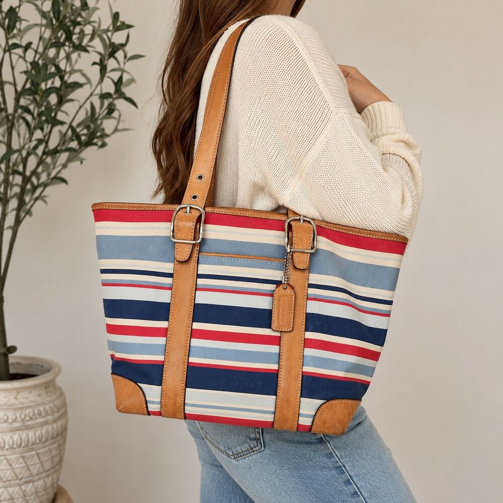 Vintage Coach Hamptons 7743 Stripe Canvas Leather Tote Shoulder Bag Purse